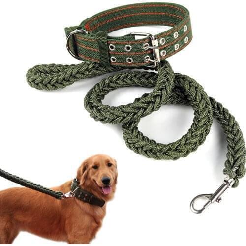L/XL Super Strong Coarse Nylon Dog Leash Army Green Canvas Double Row Adjustable Dog Collar For Medium Large Dog Pitbull