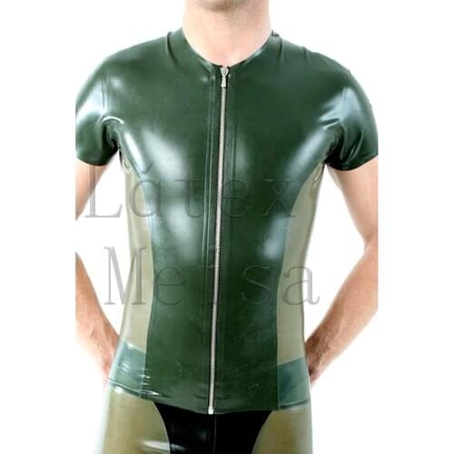 Front zip decoration mens latex shirt short sleeve in black patchwork transparent green colors