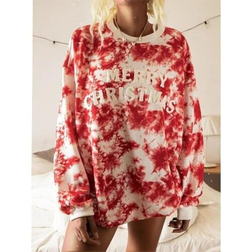 Red Tie Dye Christmas Letter Print Vintage Sweatshirt Women Crewneck Plus Size Loose Casual Tops New Spring Streetwear Fashion