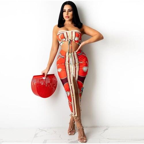 Pattern Prtin Ruched Drawstring 2 Piece Skirt Set Women Sexy Strapless Skinny Crop Top & Front High Split Bodycon Skirt Outfits