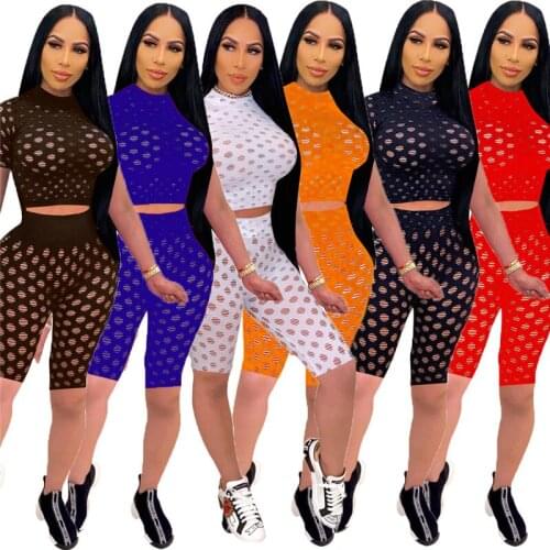 Women Sexy Hollow Out Two Piece Set Solid Tracksuit Short Sleeve Crop Top Shorts See Through Club Suit Home Apparel 2021