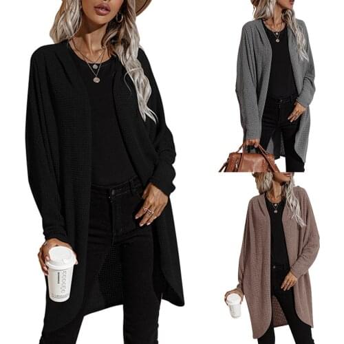 Womens Autumn Polyester Casual Long Sleeve Cardigan Knitwear Fashion Solid Color Mid-length Irregular Knitted Coat