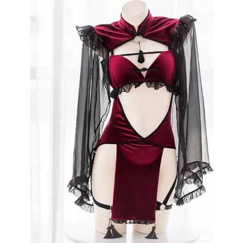 Gothic Red Velvet Dark Magic Battle Set Women Improved Cheongsam Sexy Hollow Back Strap Dress Witch Sexy Cosplay Game Costumes