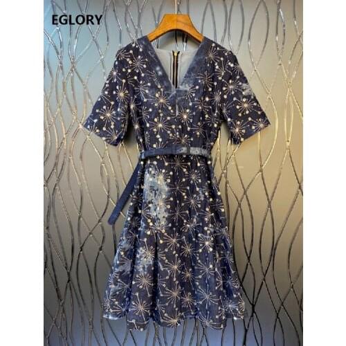 2020 Autumn Fashion Denim Dress High Quality Women V-Neck Color Block Floral Print Belt Patchwork Short Sleeve Blue Jeans Dress