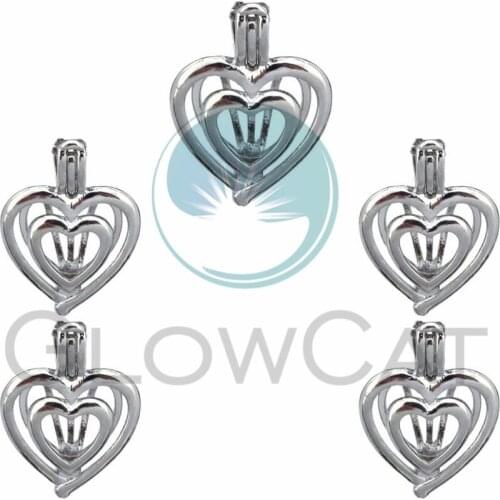 5X Silver Heart Pearl Cage Locket Pendant Jewelry DIY Bead Cage Aroma Essential Oil Diffuser For Oyster Pearl