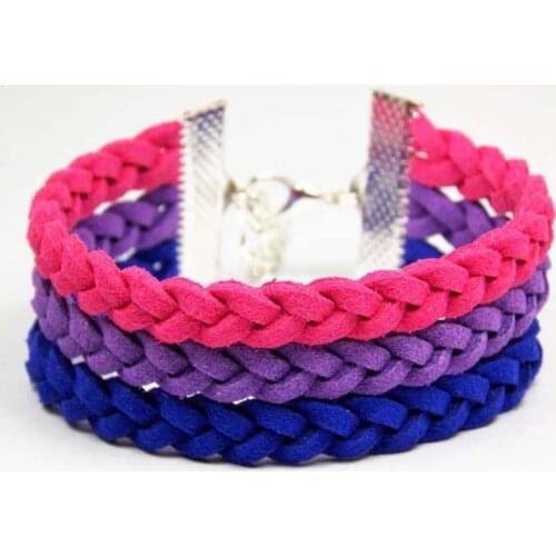 Bisexual Bi Pride LGBT Flag Pink Purple Sapphire Blue Adjustable Braided Leather Suede Layered Bracelet Jewelry