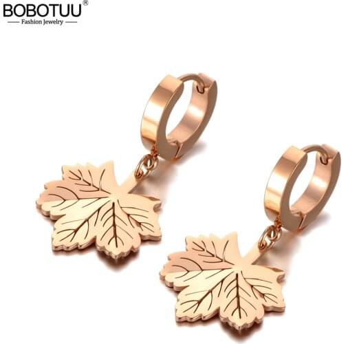BOBOTUU Trendy Titanium Stainless Steel Maple Leaf Earrings For Women Girls Office Style Rose Gold Summer Hoop Earrings BE20093