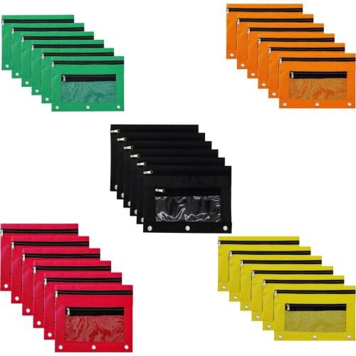 XRHYY Pack Of 6 Binder Pencil Pouch With Zipper Pulls Zipper 2 Pockets Pencil Case With 3 Ring and Double Pocket & Mesh Window