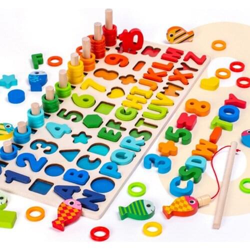 3D Wooden Toys Montessori Magnetic Fishing Digital Shape Matching Blocks Educational Toys For Children Busy Board Math Preschool