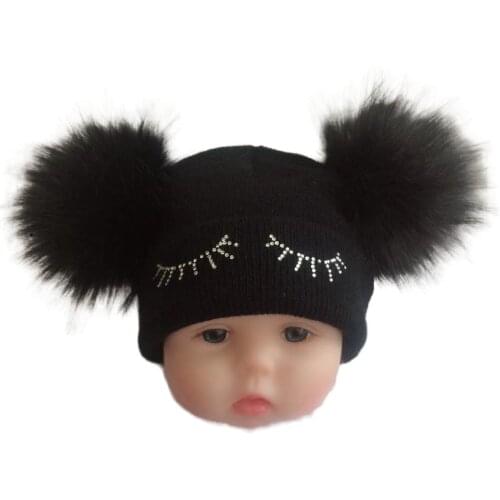 Childrens winter infant newborn baby kids faux fur wool hat cap beanie with 2 double pom pom beanie for boys and girl props