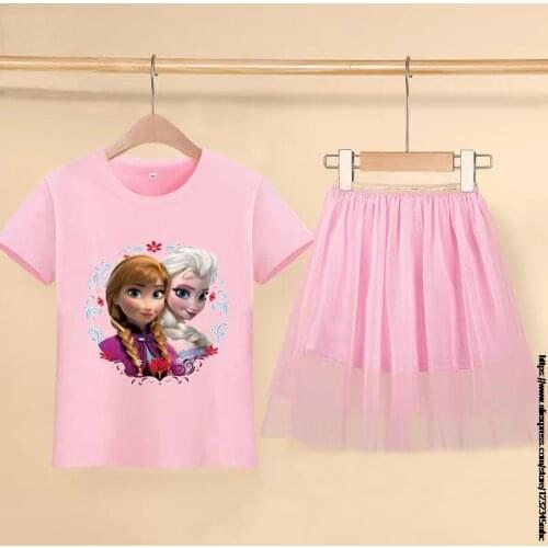 Disney Toddler Girls Frozen Elsa Clothes Sets Summer Floral Child Short Sleeve T-shirt+skirt Kids Suit Fashion Cartoon Outfits
