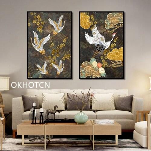 Chinese Ancient Style Animals Canvas Painting Golden Flowers Crane Abstract Decorative Poster On The Wall Aesthetic Room Decor