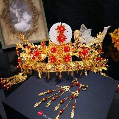 Bride Headdress Phoenix Crown Wedding Headdress Earring Set Costume Tassel Xiuhe Dress Phoenix Crown + Earring Hook