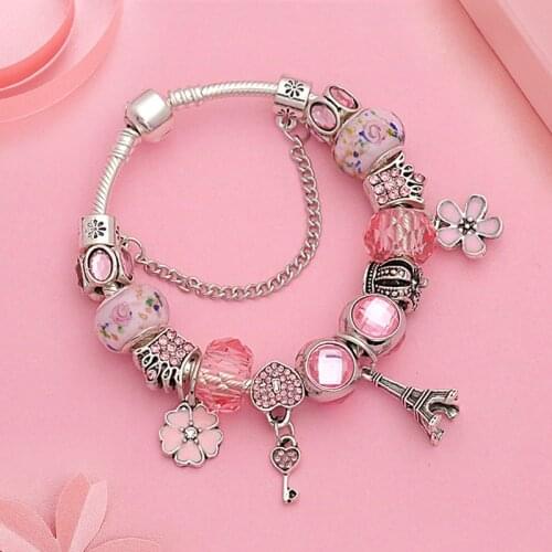 Hot Pink Flower Heart Crown Charm Bracelet Diy Crystal Bead Bracelet for Women Antique Tibetan Silver Tower Bracelets & Bangles