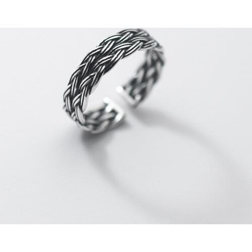 925 Sterling Silver Vintage Woven Pattern Rings Open Adjustable Punk Fashion Personality Jewelry For Boys Girls Christmas Gift