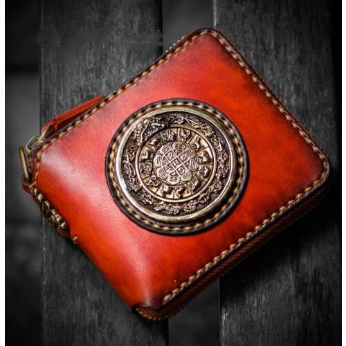 Reddish Brown Short Cow Leather Delicate Pendant Wallets Purses Women Metal Disk Vegetable Tanned Leather Wallet Card Holder