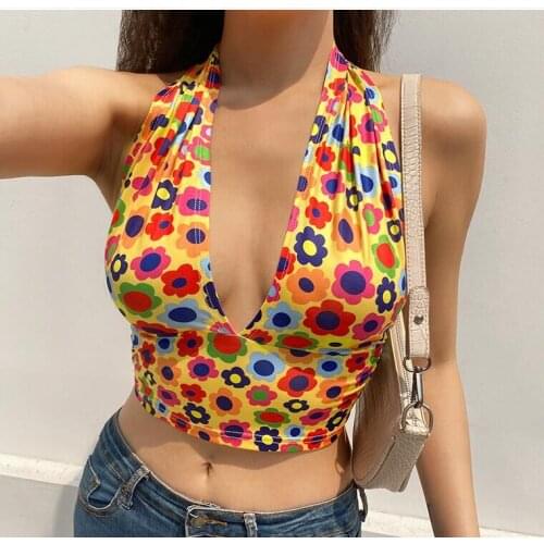 Women Summer Fashion Floral Print Pattern Tank Tops Female Sexy Sleeveless Close-fitting Deep V-Neck Vest Crop Tops Blue Yellow