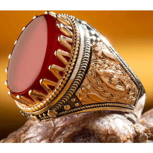 925 Sterling Silver Mens Ring with Dark Burgundy Agate Stone Agate Ring for Men