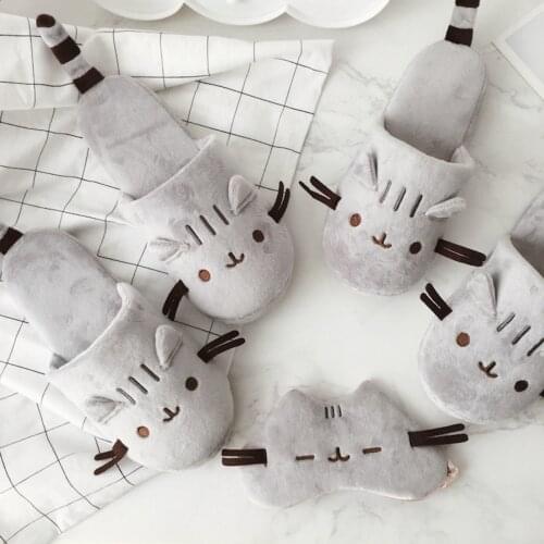 2021 Cute Cozy Women Shoes Home Indoor Warm Cat Street Cat Cartoon Plush Travel Airplane Sleep Cat Animal Slippers Flat Slippers