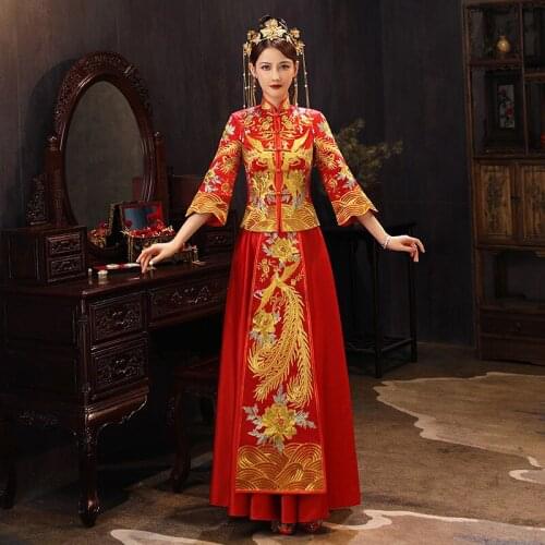 New Exquisite Phoenix Embroidery Cheongsam Bride Wedding Dress Chinese Style Costume Oriental Marriage Set Vintage Marriage Gift