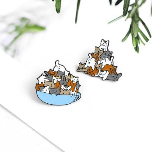 Naughty Cat Playing In A Bowl Cartoon Overlapping Personality Creative Small Animal Badge Set Fairy Brooch Good Friend Gift
