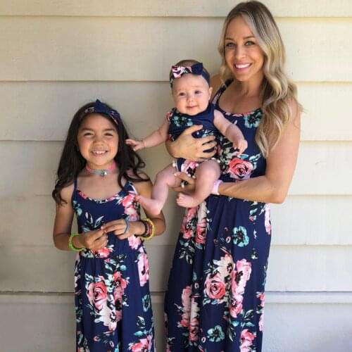 PatPat 2021 New Summer Dark Blue Printed Matching Dresses Matching Outfits Mommy and Me Sleeveless for Mom and Daughter