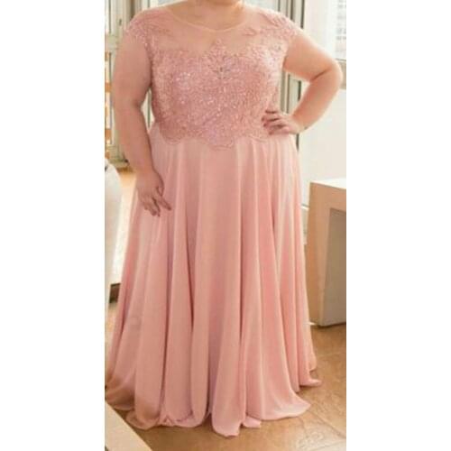 Plus size 2020 brides mother dress tender pink round neck applique long floor length wedding guest party dress