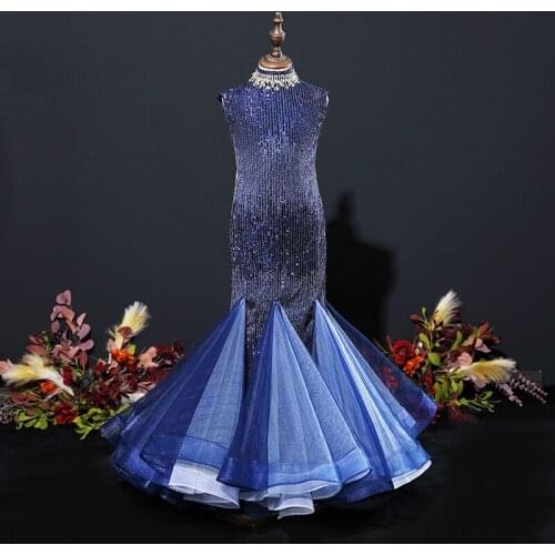 Flower Girl Dresses High Sleeveless Sequined Crystal Beading Lace Princess Floor-Length Trumpet Elegant Blue Kid Party Gown H564