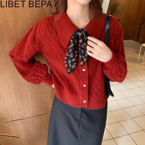 New 2021 Womens Autumn Winter Sweaters Buttons Short Cardigans With Ribbon Knitwears Vintage Korean Elegant Lady Tops SWC1344JX