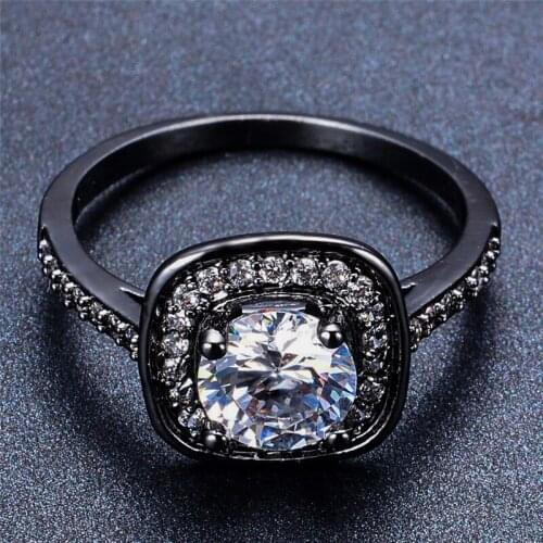 Luxury Female White Round Stone Ring Vintage Black Gold Engagement Rings For Women Promise Love Wedding Band Ring