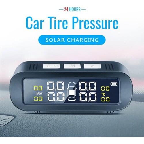 Solar TPMS Car Tire Pressure Alarm Monitor System Display Attached to Glass Tpms Temperature Warning with 4 sensors BAR