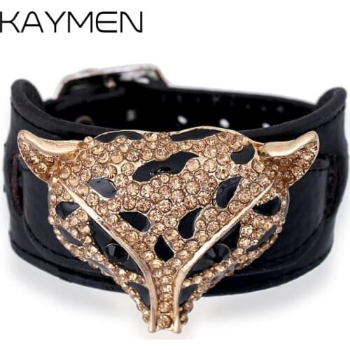 New arrivals Golden Fox Shape Animal Bracelet Inlaid Rhinestones with Black Belt Statement Bracelet Bangle for Gilrs