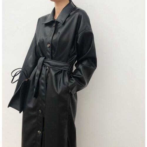 WSYORE Cool Leather Long Jacket 2021 New Spring Women Loose Belt PU Leather Windbreaker Trench Coat Slim Autumn Jacket NS939