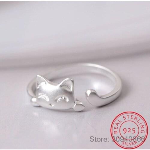 925 Sterling-silver-jewelry Cute Smiley Cat Open Rings For Women High Quality Girl Gift Bague Femme