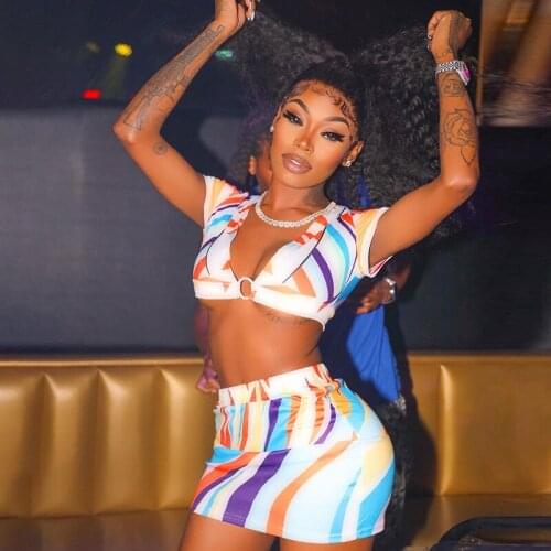 Summer Printing Sexy Two Pcs Set Slim Women V Neck Short Sleeve Crop Top and High Waist Skirt Sets Lady Casual Outfit