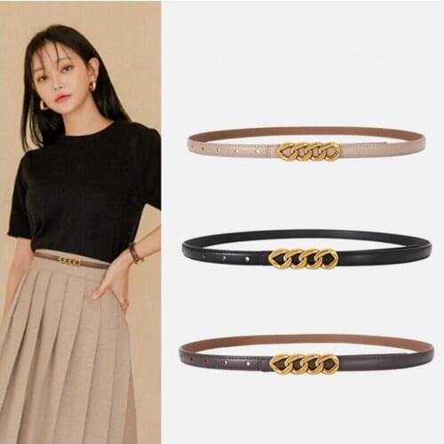 Women Genuine Leather Small waist belt designer Alloy buckle chain WomenWaist Belt 1.4CM Width Casual Lady Leather Waistband