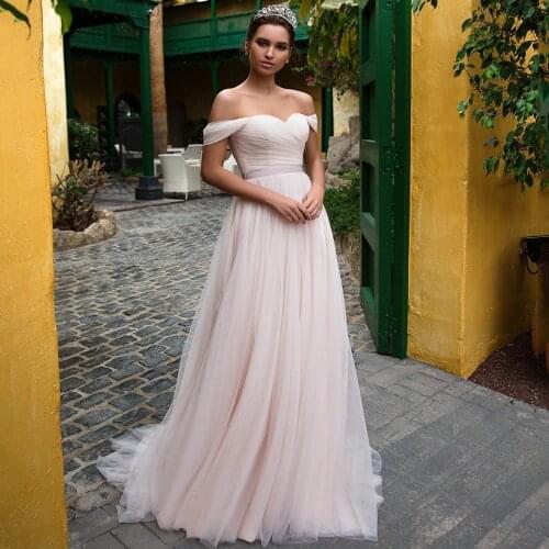 Off Shoulder Sweetheart Ruched Pleats A-Line Bow Sash Buttons Tulle Wedding Dress 2021 Vestido De Noiva Bridal Gown