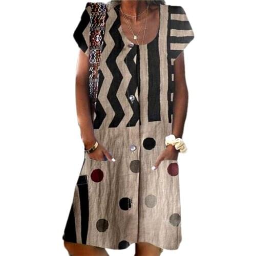 Vintage Dresses Female O Neck Short Sleeve Polka Dots Print Wavy Stripes Loose Knee-length Dress Woman Summer 2021