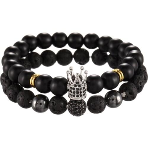 2Pcs/Set Distance Bracelets Sets Male Black Lava Matte Stone Beads female CZ Crown Ball Charm Couple Bracelet Women Men bracelet