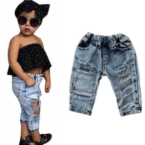 2021 Fashion Toddler Kids Child Girls Hole Denim Pants Stretch Elastic Trousers Jeans Ripped Hole Clothes Baby Girl 1-5T