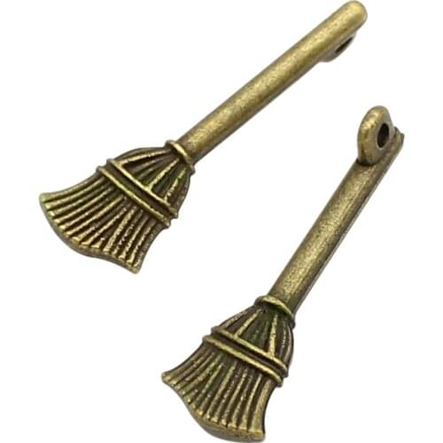 80pcs- Antique Bronze Broom Charms pendants 2 Sided 27x9mm