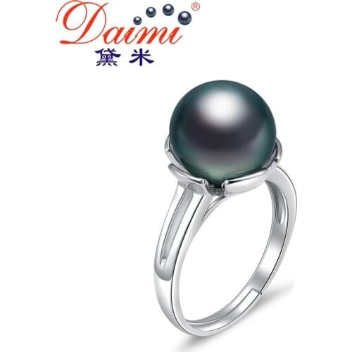DAIMI 10-11mm Round Sea Water Tahiti Black Pearl Ring 925 Sterling Silver Adjusting Ring