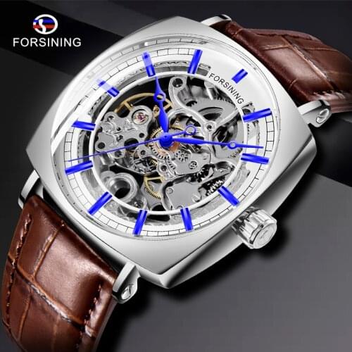 Forsining Brown Genuine Leather Fashion Classic Design Mens Watch Top Brand Luxury Blue Hands Royal Automatic Mechanical Watches