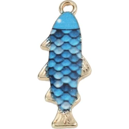 Doreen Box Fashion Zinc Based Alloy Ocean Jewelry Charms Fish Animal Gold Metal Multicolor Enamel Pendants 27mm x 11mm, 10 PCs