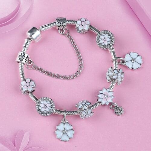 Euroean & American Trendy Enamel Flower endant Charm Bracelet Silver Color Diy Crystal Bead Women Bracelets & Bangles