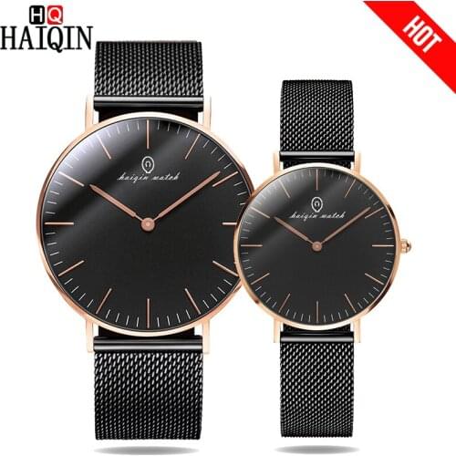 HAIQIN Couple Watch Ultra-thin 6MM Black Mesh Belt Watches Dress Mens watch luxury women watch Romantic Gifts Relogio Masculino