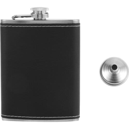 Pocket Hip Flask 8 Oz with Funnel Stainless Steel with Black Leather Wrapped Cover and Leak Proof - Fits any Suit for Discrete L