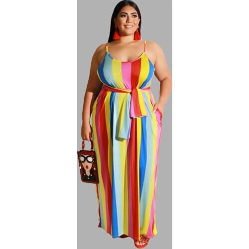 Summer Dress Multicolor Striped Pattern Womens Casual Dre Straight Type V-neck Sleeveless Sling Sexy Plus Size Dress with Belt