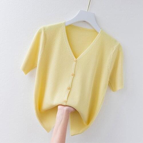 LJSXLS Summer Thin Open Stitch Knitted Womens Sweater Chic Button V-Neck Sweater Mujer Casual Short Sleeve Women Clothing Tops