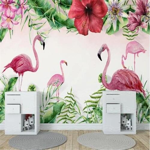 Milofi background wall paper mural hand-painted medieval tropical flamingo plant background wall painting